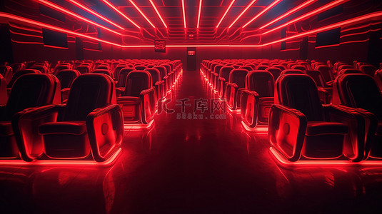霓虹灯闪烁的电影院，有一排软红色卡通椅子，以 3D 渲染