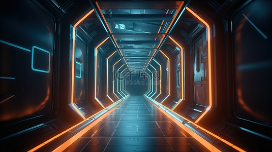 3d 渲染中带有鲜艳蓝色和橙色霓虹灯的科幻金属走廊