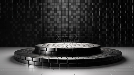 时尚的圆形平台位于时尚的黑色迷你瓷砖别致的 3D 渲染中