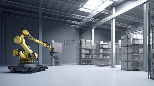视觉机器人背景图片_3D 渲染中机器人 X 射线视觉下的仓库机器人和机械臂
