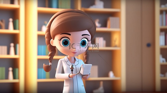 1 女医生指着医院医疗环境中的空白插图卡通人物 3D 渲染