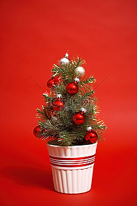 红色背景上有一棵盆里的金属丝圣诞树