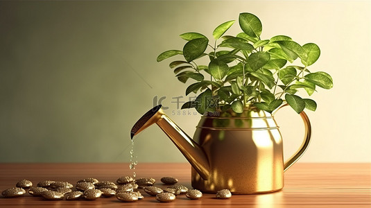 植物浇水背景图片_绿化和繁荣 金钱植物浇水生长的 3D 插图