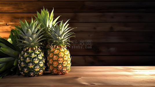 菠萝背景图片_质朴的木桌上多汁的阳光亲吻了菠萝，这是 3D 营养的热带美食