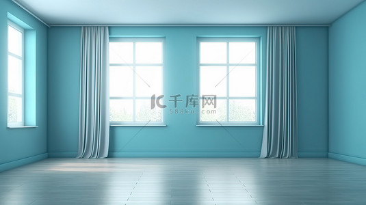 蓝色墙壁工作室的 3D 渲染，有空的空间和窗户