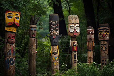 民俗文化展演背景图片_野外树林中的一组木制图腾柱