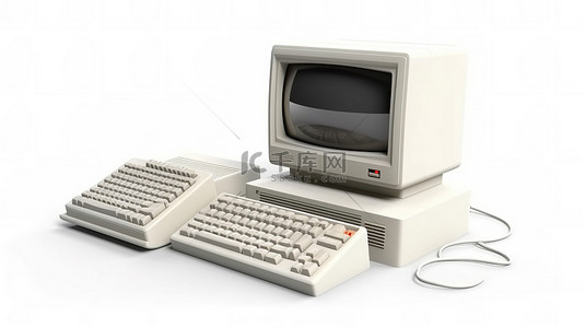 复古键盘背景图片_复古台式计算机 3D 渲染复古系统单元显示器键盘和鼠标在白色背景