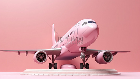 柔和的粉红色飞机的 3D 渲染准备在柔和的背景下起飞