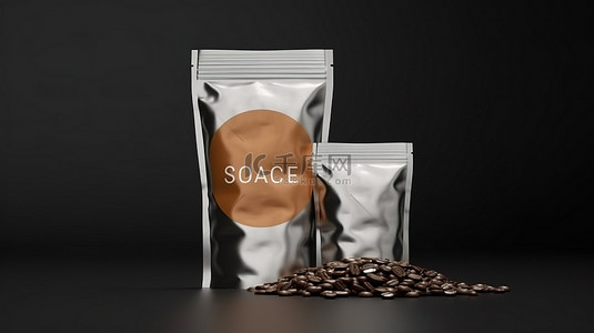 用于咖啡可可糖和其他产品样机的铝箔棒香包包装的 3D 渲染