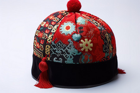 刺绣图案背景图片_红色和黑色图案刺绣亚洲串珠帽子，带 pom pom