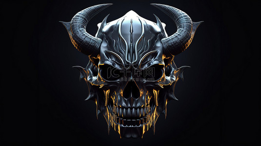 骷髅头与剑背景图片_由金属制成的黑暗而险恶的恶魔头骨的照明 3D 渲染
