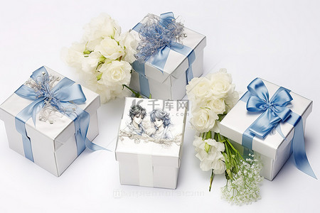 银色蓝色背景图片_四个银色蓝色盒子，里面装有鲜花和蝴蝶结