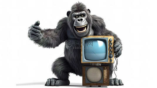 滑稽的 3D 大猩猩抓着电视