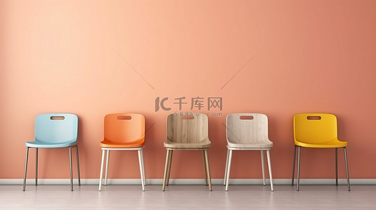 墙上装饰背景图片_教室椅子的 3D 渲染，墙上装饰着教育海报