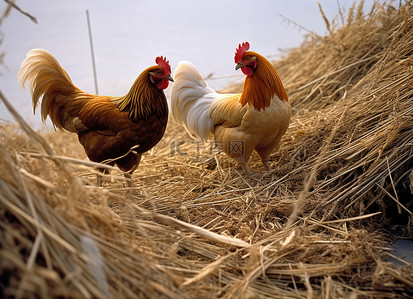 吃鸡背景图片_四只公鸡在田里吃干稻草