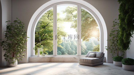 宽敞的现代内饰拥有一个宏伟的拱形窗户，可欣赏到令人惊叹的花园景观和时尚的椅子 3D 渲染