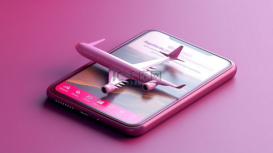 智能手机上的航班预订机票购买和登记应用程序的 3D 插图