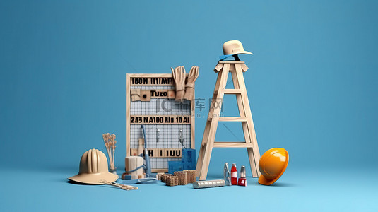 劳动节工具背景图片_蓝色背景下庆祝美国劳动节的建筑工具和日历的 3D 渲染