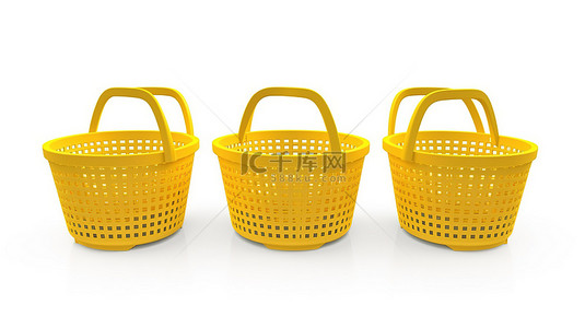 黄色购物背景图片_3d 黄色购物篮设置隔离在白色背景