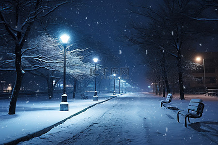 一条被雪覆盖的小路，有灯光