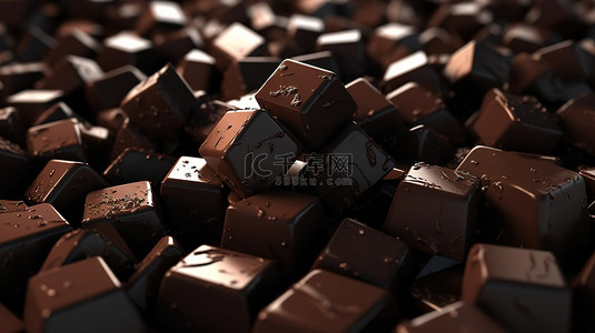 方形黑巧克力块的 3d 插图