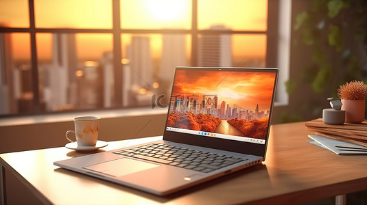 3d模型风景背景图片_简约办公桌上的时尚笔记本电脑模型，带有 3D 风景优美的窗户背景