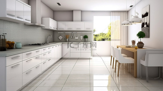 家居厨房背景图片_现代厨房设计，采用时尚的白色橱柜和 3D 可视化瓷砖装饰