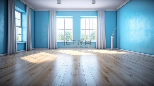 浅蓝色房间的室内设计 3D 渲染，配有木地板和最小的家具