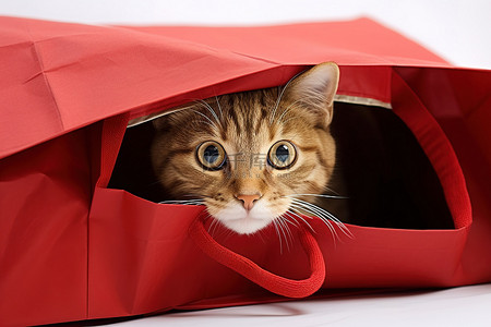购物袋红色背景图片_一只猫藏在红色购物袋里