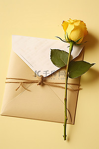 米色墙壁上有一朵带有棕色信封的黄玫瑰
