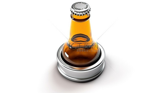 酒的背景图片_白色背景上的银色瓶盖和啤酒瓶的 3D 渲染
