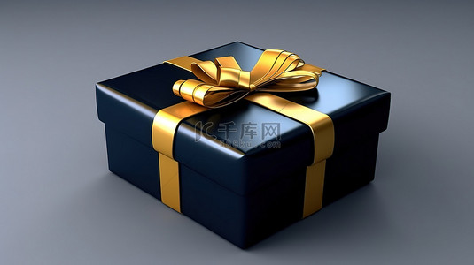 促销蝴蝶结背景图片_深蓝色 3D 礼盒，配有优雅的金丝带和蝴蝶结