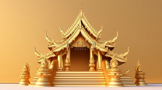 金色讲台设有泰式房屋山墙屋顶 3D 渲染