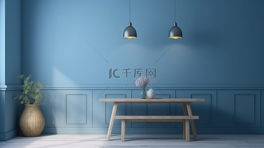 浅色家具背景图片_舒适的浅色餐厅内部的特写 3D 渲染，配有空白的蓝色墙壁