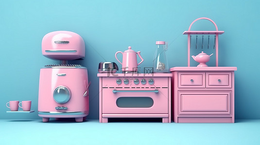 3D 渲染的蓝色复古玩具厨房的粉色背景双色调模型