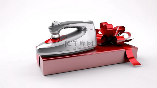 白色背景展示了从饰有红丝带的礼品盒中出现的电动熨斗的 3D 渲染