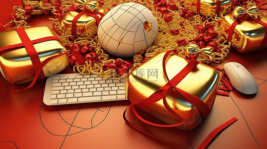 美国主题世界的金色和红色 3D 渲染，周围环绕着与电脑鼠标相连的礼物