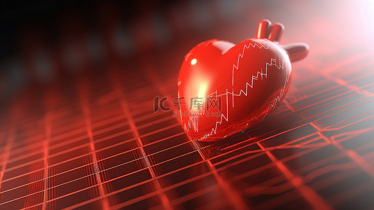 心电图背景上红心的强烈特写 3D 渲染