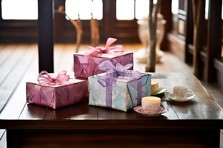 用包装纸包裹的礼物放在木桌上