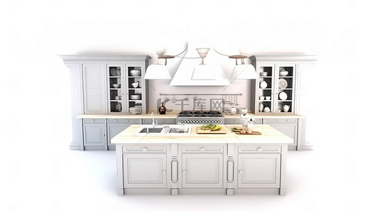 传统厨房背景图片_在白色背景上隔离的 3D 渲染中的传统厨房