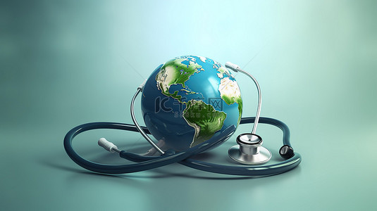 插画地球仪背景图片_全球健康意识用 3D 听诊器插图庆祝世界卫生日