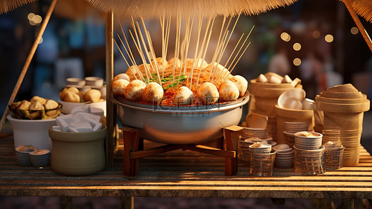 出售肉丸面街头食品的亚洲木车的特写 3D 渲染