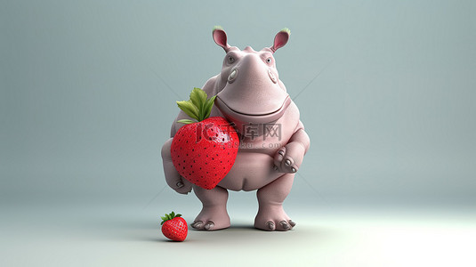大犀牛背景图片_有趣的 3D 犀牛角色拿着大草莓