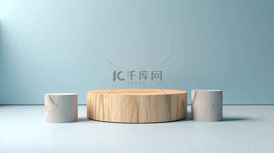 淡色背景淡色背景图片_天然混凝土背景的木缸架上简约的淡蓝色产品展示