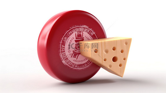 白色背景上标记的红色蜡奶酪轮的 3d 渲染