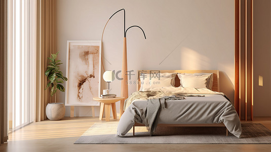 落地灯沙发背景图片_带床头柜落地灯和衣柜的卧室的 3D 渲染