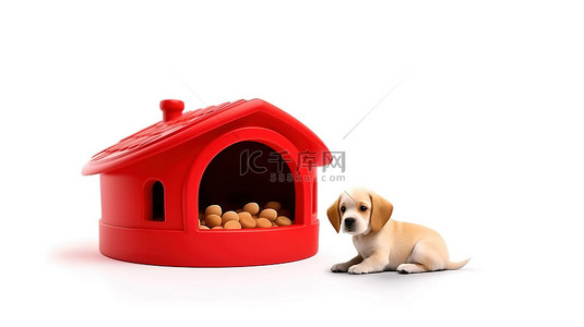 狗狗吃食物背景图片_木制狗屋的 3D 渲染，红色塑料碗充满狗的咀嚼骨，背景为白色