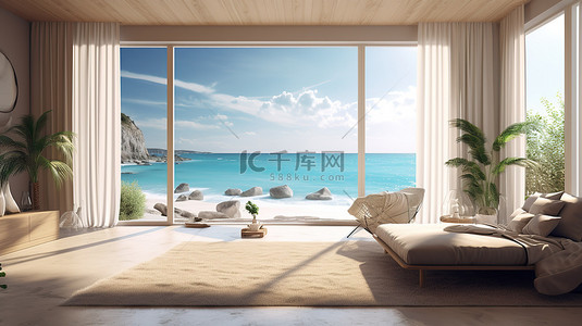 度假胜地背景图片_3D 渲染的家居室内是一个舒适的度假胜地，可欣赏令人惊叹的海滩和海景