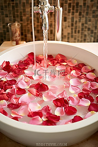 玫瑰花瓣玫瑰背景图片_装满玫瑰花瓣的浴室水槽