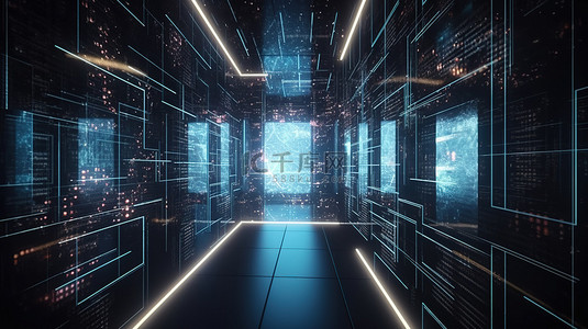 墙空间背景图片_具有发光墙和数字技术的未来派 3D 空间元素是数据中心和数字经济的诱人设计